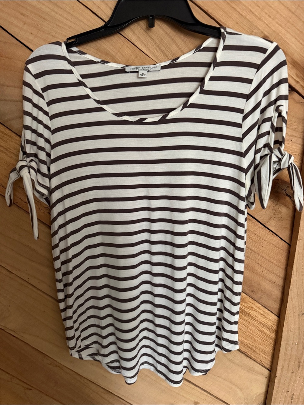 Green Envelope White and Brown Striped Short Sleeve Tie-Sleeve Top